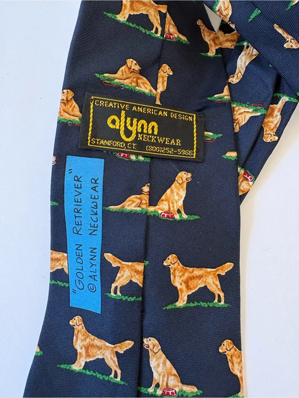 Alynn Neckwear Silk Tie Navy Blue Golden Retriever Novelty Print HandMade Dog